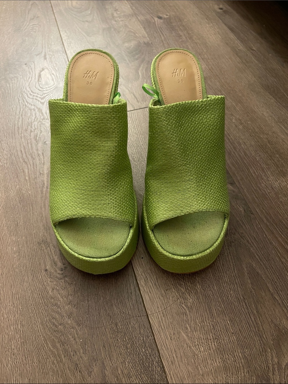 H&M Lime Woven Peep-Toe Platform Mules